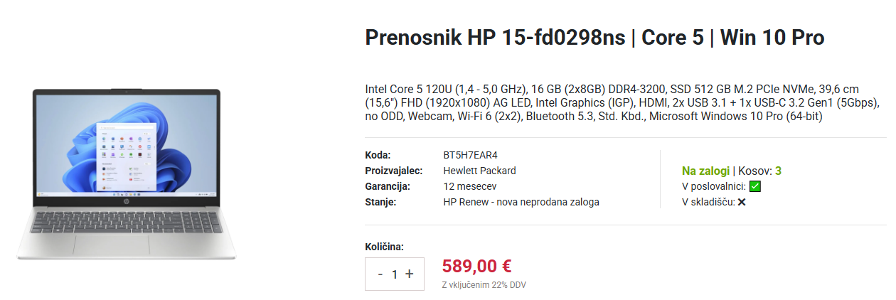 Prenosnik HP 15-ka za domačo rabo in starejše uporabnike Dobra izbira za starejše uporabnike - screenshot slike prenosnika iz spletne strani SO d.o.o.
